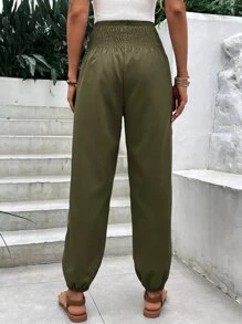 SHEIN Holidaya Solid Pocket Side Shirred Waist Jogger Pants Fall Cloth For Women - Green - View 2