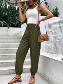 SHEIN Holidaya Solid Pocket Side Shirred Waist Jogger Pants Fall Cloth For Women - Green - View 3