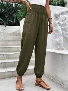 SHEIN Holidaya Solid Pocket Side Shirred Waist Jogger Pants Fall Cloth For Women - Green - View 4