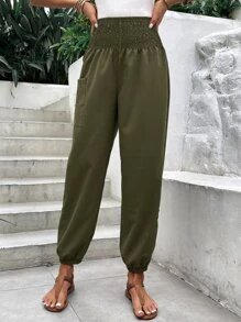 SHEIN Holidaya Solid Pocket Side Shirred Waist Jogger Pants Fall Cloth For Women - Green - View 5