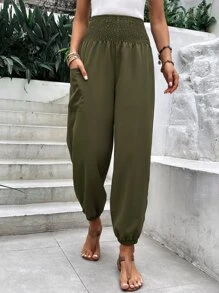 SHEIN Holidaya Solid Pocket Side Shirred Waist Jogger Pants Fall Cloth For Women - Green - View 6