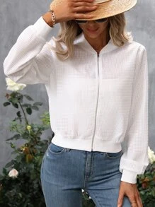 SHEIN LUNE Áo khoác nữ Dây kéo màu trơn Giải trí - trắng - Xem 4