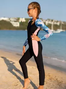 少女全身熱帶印花前拉鍊連體泳衣