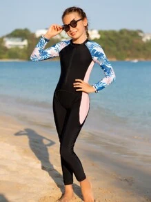 少女全身熱帶印花前拉鍊連體泳衣