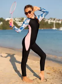 少女全身熱帶印花前拉鍊連體泳衣