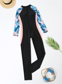 少女全身熱帶印花前拉鍊連體泳衣