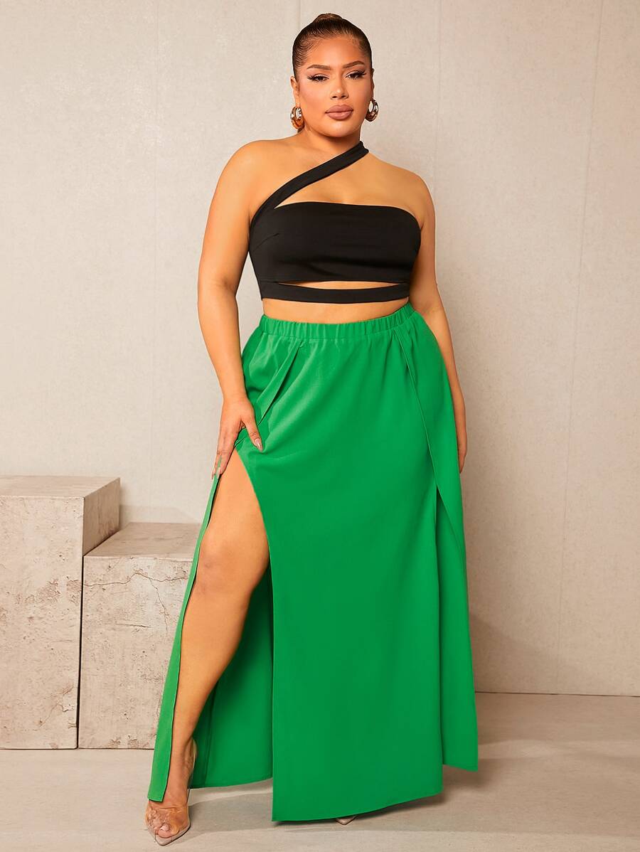 SHEIN SXY 大碼單肩鏤空短款上衣 - 黑色 - 查看 1