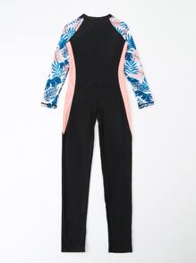 少女全身熱帶印花前拉鍊連體泳衣