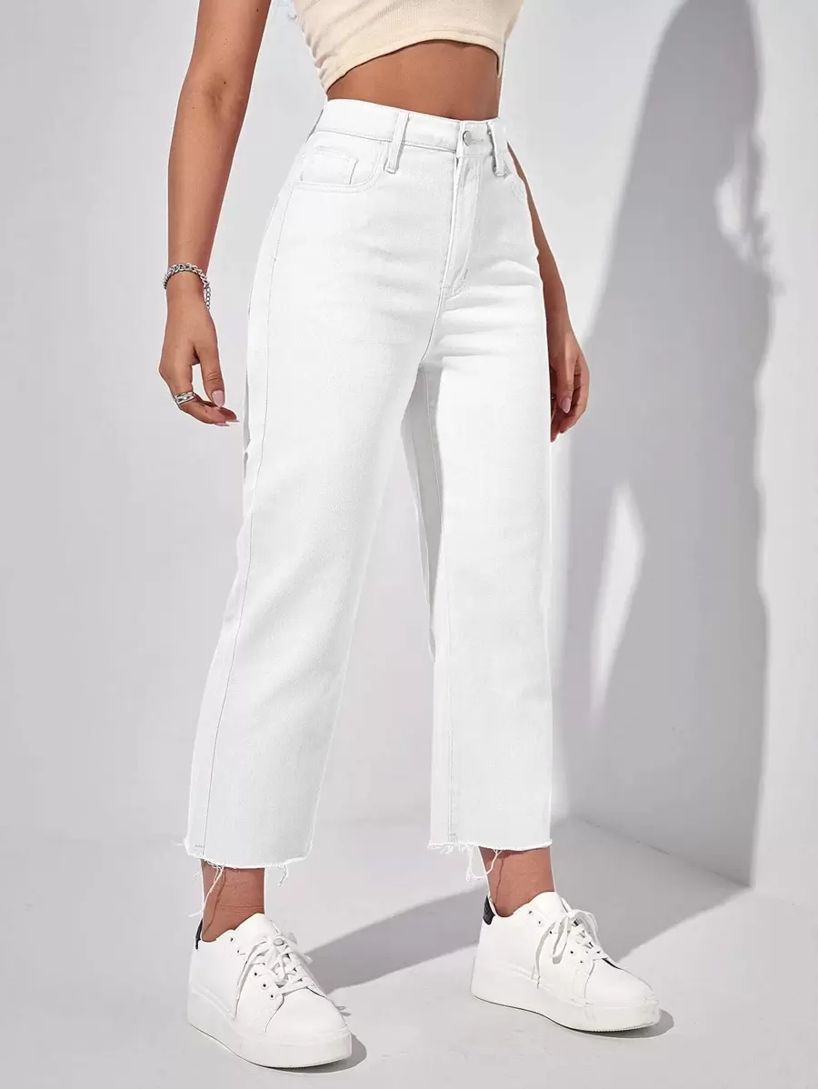 SHEIN EZwear Quần jean nữ Nút Túi Hem thô màu trơn - trắng - Xem 1