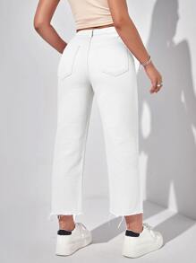 SHEIN EZwear Quần jean nữ Nút Túi Hem thô màu trơn - trắng - Xem 2