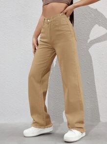 Solid Straight Leg Jeans - Khaki - View 1