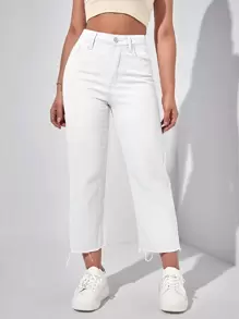 SHEIN EZwear Quần jean nữ Nút Túi Hem thô màu trơn - trắng - Xem 3