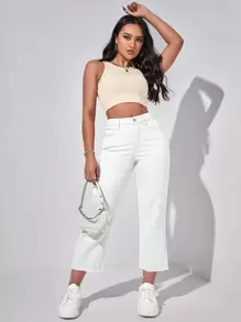 SHEIN EZwear Quần jean nữ Nút Túi Hem thô màu trơn - trắng - Xem 5