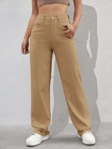 Solid Straight Leg Jeans - Khaki - View 5