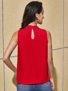 SHEIN Clasi 褶皺細節素色無袖襯衫 - 紅色 - 查看 2