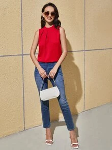 SHEIN Clasi 褶皺細節素色無袖襯衫 - 紅色 - 查看 3