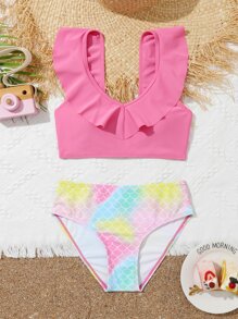 Conjunto de bikini con estampado de escamas de pez y ribete de volantes para niña preadolescente, para verano y playa - Multicolor - Ver 5