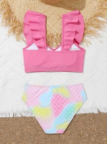 Conjunto de bikini con estampado de escamas de pez y ribete de volantes para niña preadolescente, para verano y playa - Multicolor - Ver 2