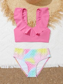 Conjunto de bikini con estampado de escamas de pez y ribete de volantes para niña preadolescente, para verano y playa - Multicolor - Ver 1