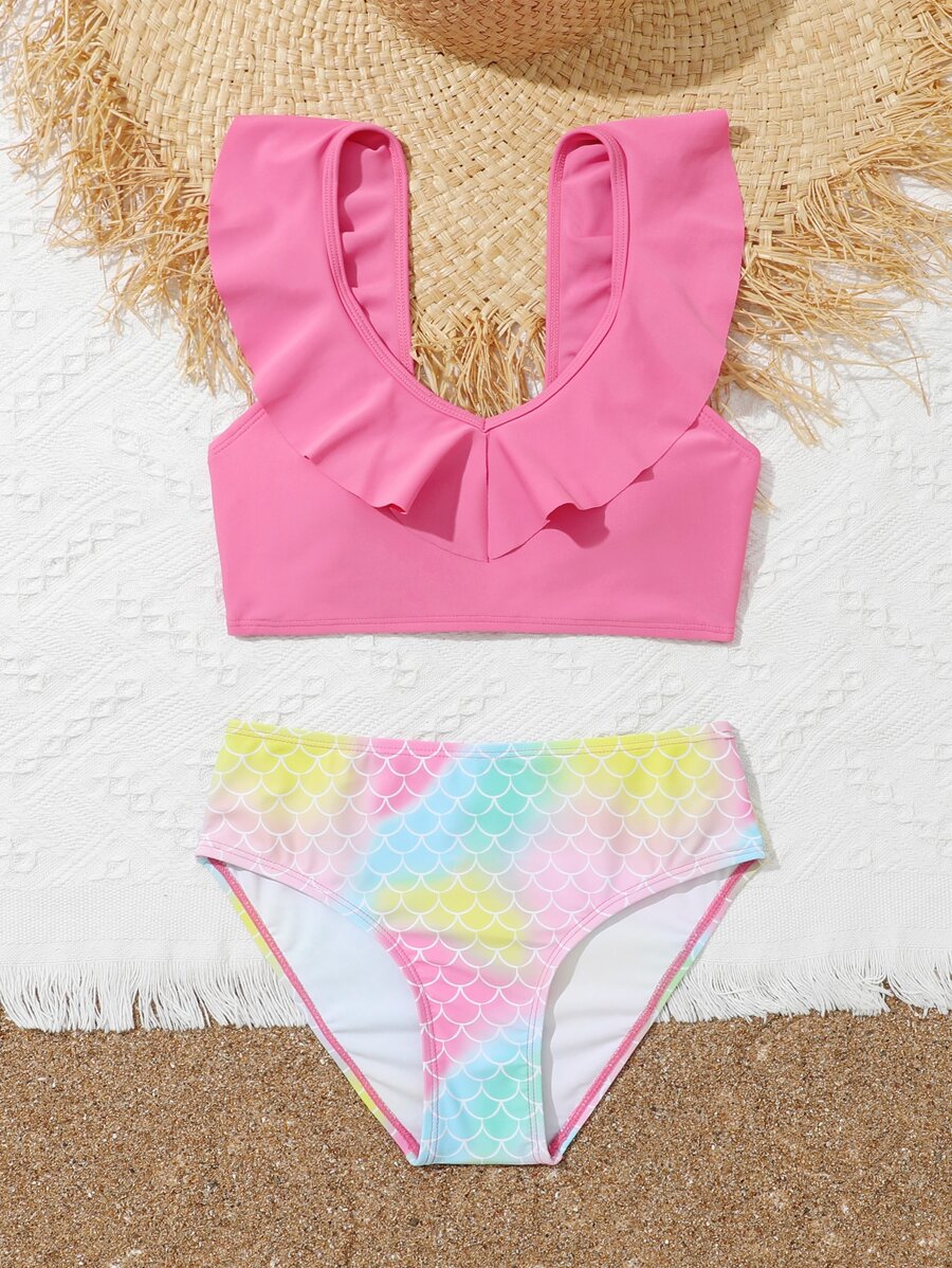 Conjunto de bikini con estampado de escamas de pez y ribete de volantes para niña preadolescente, para verano y playa - Multicolor - Ver 1
