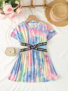 小女童紮染腰部鏤空字母織帶細節洋裝