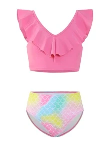 Conjunto de bikini con estampado de escamas de pez y ribete de volantes para niña preadolescente, para verano y playa - Multicolor - Ver 3
