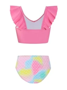 Conjunto de bikini con estampado de escamas de pez y ribete de volantes para niña preadolescente, para verano y playa - Multicolor - Ver 4