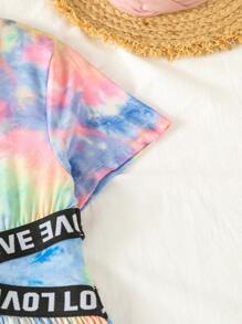 小女童紮染腰部鏤空字母織帶細節洋裝