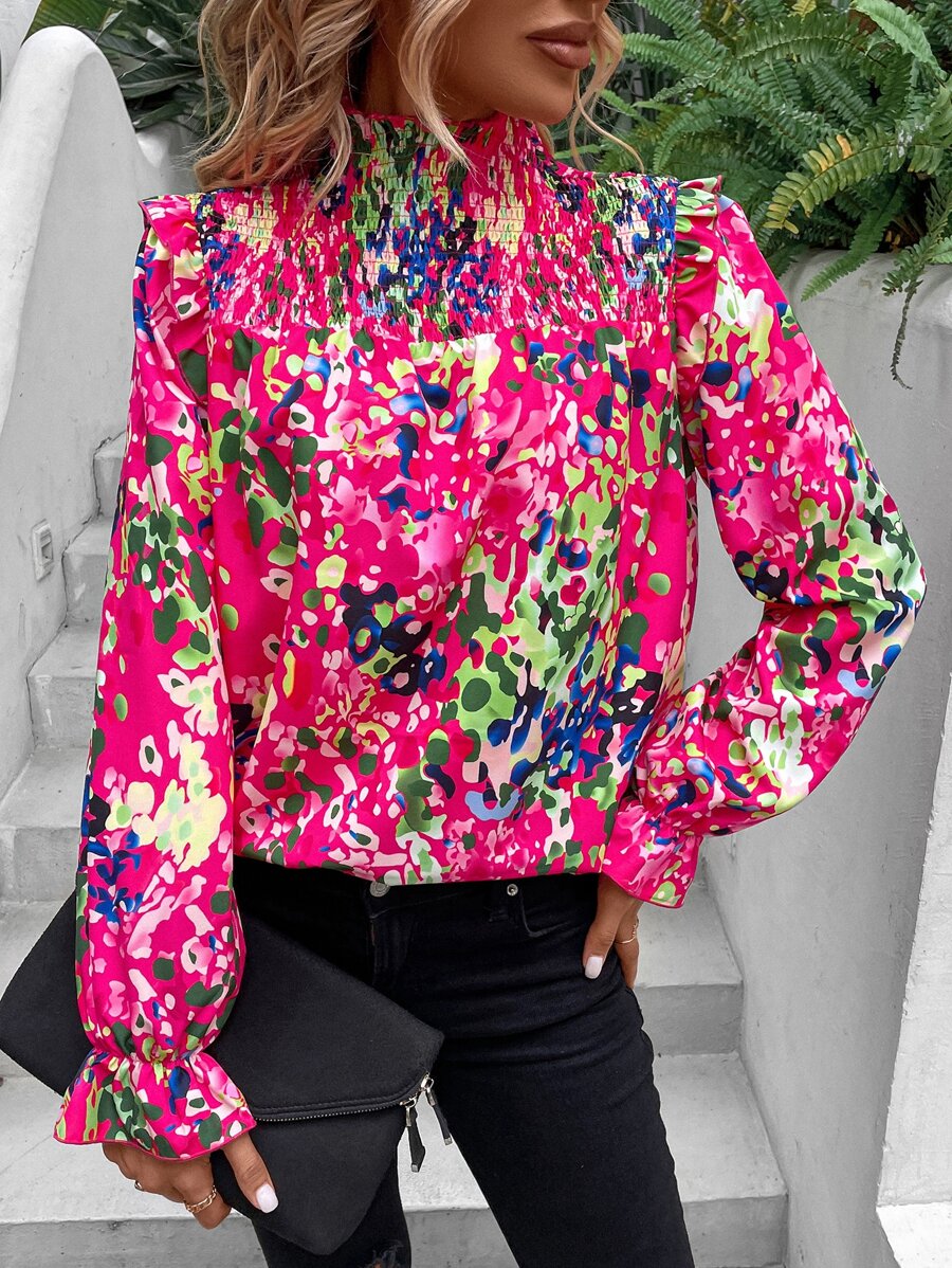 SHEIN VCAY Allover Print Flounce Sleeve Ruffle Trim Blouse - Pink - View 1