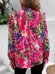 SHEIN VCAY Allover Print Flounce Sleeve Ruffle Trim Blouse - Pink - View 2