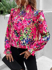 SHEIN VCAY Allover Print Flounce Sleeve Ruffle Trim Blouse - Pink - View 3