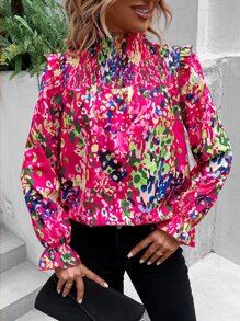 SHEIN VCAY Allover Print Flounce Sleeve Ruffle Trim Blouse - Pink - View 4