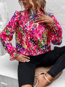 SHEIN VCAY Allover Print Flounce Sleeve Ruffle Trim Blouse - Pink - View 5