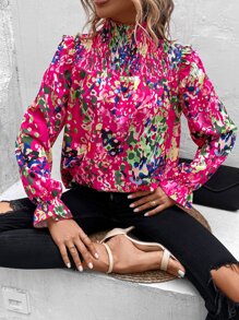 SHEIN VCAY Allover Print Flounce Sleeve Ruffle Trim Blouse - Pink - View 6