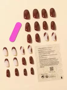 Get Glamorous With 24pcs Long Almond Brown Solid French Color Block Fake Nail & 1sheet Tape & 1pc Nail File Press On Nails Nail Supplies - Multicolor - View 2