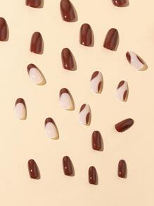 Get Glamorous With 24pcs Long Almond Brown Solid French Color Block Fake Nail & 1sheet Tape & 1pc Nail File Press On Nails Nail Supplies - Multicolor - View 3