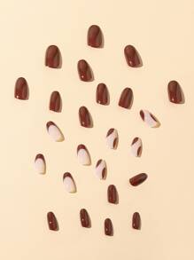 Get Glamorous With 24pcs Long Almond Brown Solid French Color Block Fake Nail & 1sheet Tape & 1pc Nail File Press On Nails Nail Supplies - Multicolor - View 4