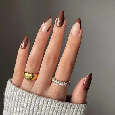 Get Glamorous With 24pcs Long Almond Brown Solid French Color Block Fake Nail & 1sheet Tape & 1pc Nail File Press On Nails Nail Supplies