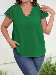 SHEIN Clasi Plus Contrast Guipure Lace Scallop Trim Blouse - Green - View 4
