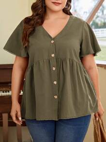SHEIN LUNE Áo sơ mi Plus Size Tương phản ren Viên lá sen Nút phía trước màu trơn Dễ thương - xanh quân đội - Xem 1