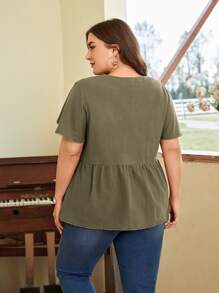 SHEIN LUNE Áo sơ mi Plus Size Tương phản ren Viên lá sen Nút phía trước màu trơn Dễ thương - xanh quân đội - Xem 2