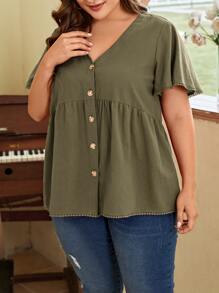 SHEIN LUNE Áo sơ mi Plus Size Tương phản ren Viên lá sen Nút phía trước màu trơn Dễ thương - xanh quân đội - Xem 4