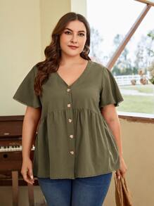 SHEIN LUNE Áo sơ mi Plus Size Tương phản ren Viên lá sen Nút phía trước màu trơn Dễ thương - xanh quân đội - Xem 6