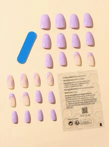 24入組長款杏仁色彩磚塊紫色實色法式假指甲及1片膠帶及1支指甲檔，女士和女孩貼片指甲美甲用品，立即升級你的外觀 - 彩色 - 查看 2