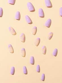 24入組長款杏仁色彩磚塊紫色實色法式假指甲及1片膠帶及1支指甲檔，女士和女孩貼片指甲美甲用品，立即升級你的外觀 - 彩色 - 查看 4