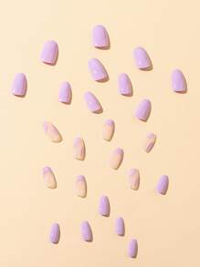 24入組長款杏仁色彩磚塊紫色實色法式假指甲及1片膠帶及1支指甲檔，女士和女孩貼片指甲美甲用品，立即升級你的外觀 - 彩色 - 查看 5