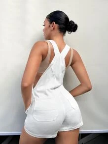 SHEIN SXY Quần yếm & áo liền quần denim dành cho nữ Nút Túi màu trơn Giải trí - trắng - Xem 2
