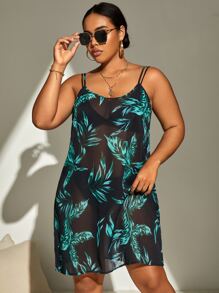 SHEIN Swim Curve Plus Tropical Print Cami Cover Up Dress, For Summer Beach Vacation - Multicolor - View 4