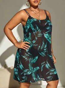 SHEIN Swim Curve Plus Tropical Print Cami Cover Up Dress, For Summer Beach Vacation - Multicolor - View 5