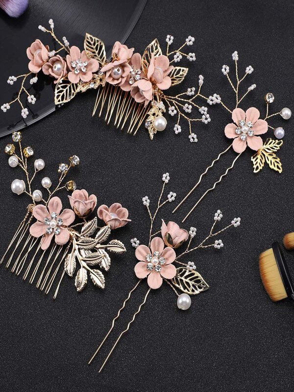 Conjunto de 2 peças com presilha e pente de cabelo decorados com flores e strass, estilo boho para o Dia dos Namorados. Ideal para material escolar, acessórios de cabelo com pérolas artificiais, perfeitos para casamentos, presentes para madrinhas, looks para festas e como acessório de cabelo para noivas.